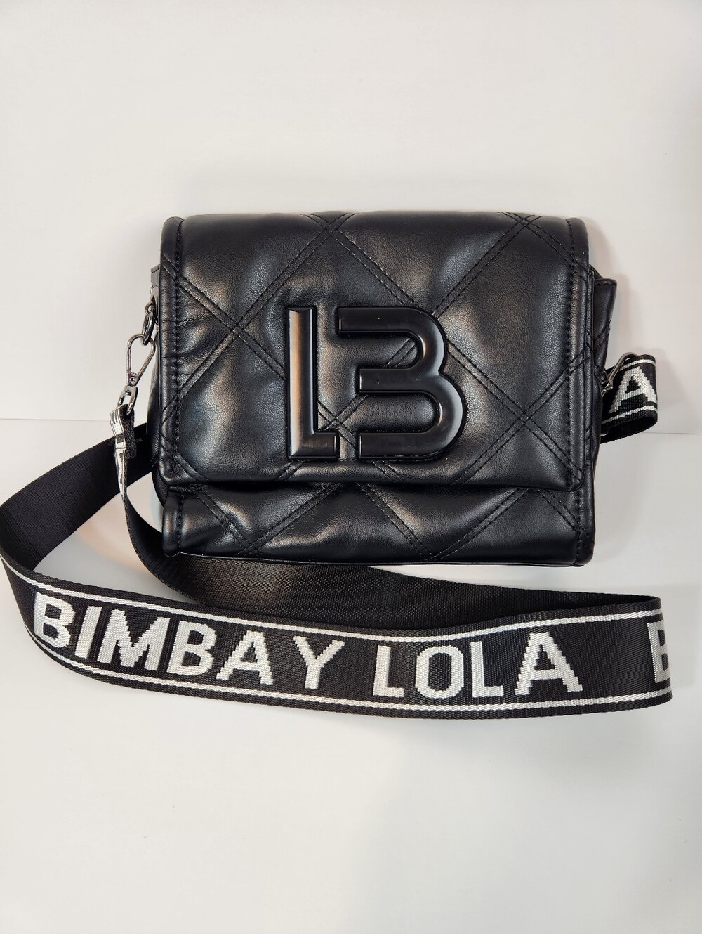 Bimba Y Lola Chimo Black Quilted Nylon Flap Crossbody Bag - Wide Logo Strap